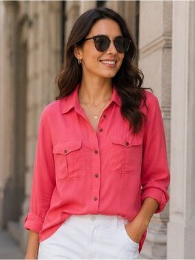Lizwear Silk Button Front Blouse – Coral Pink | Size S